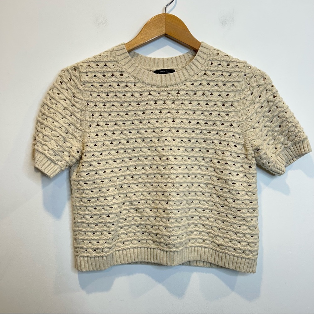 RW & Co Short Sleeve Crochet Knit Cropped Sweater Beige Cotton